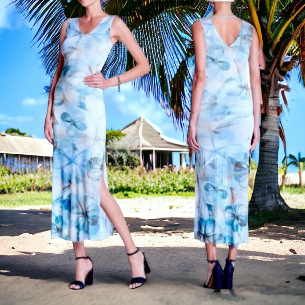$282 Medium KOMAROV Crinkle Midi Dress V Neck Front V Neck Back w Strap Hawaiian